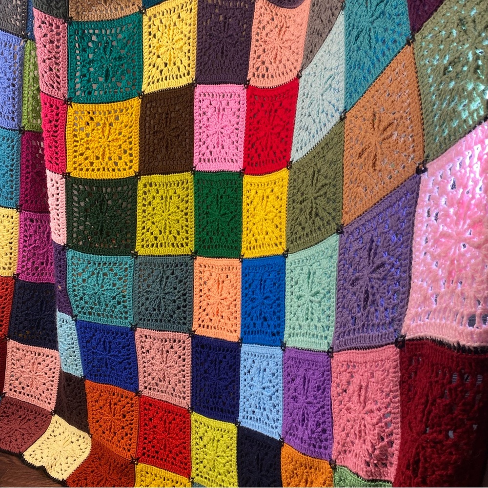 Vtg Hand Crochet Granny Square Afghan Blanket 82” X 62”  XL Colorful